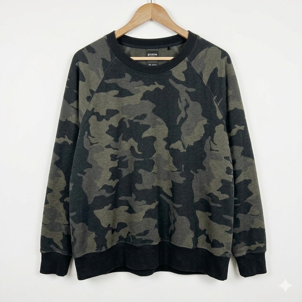 prAna Cozy Up Camo Sweatshirt Women's 2X Hemp Recycled Blend Raglan Gray